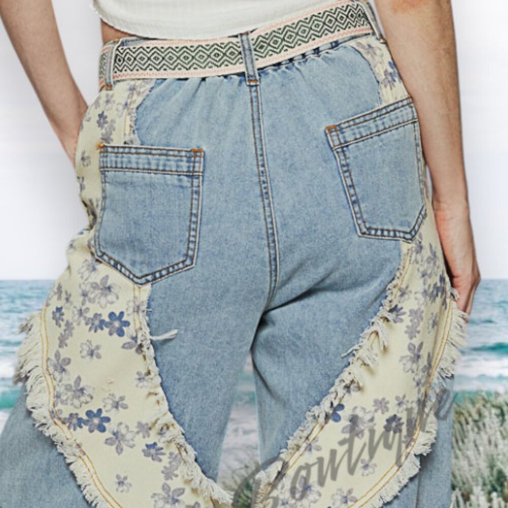 POL Crochet Patchwork Frayed Edge Boho Baggy Wide Flare Leg Cotton Denim Jeans - Picture 6 of 13